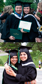 Top: BA Grads with their parchments Bottom: Sidrah Ahmed (R) celebrates with a friend.